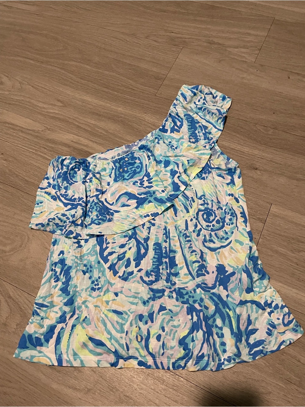Lilly Pulitzer Blue Multi-Print One-Shoulder Ruffle Top